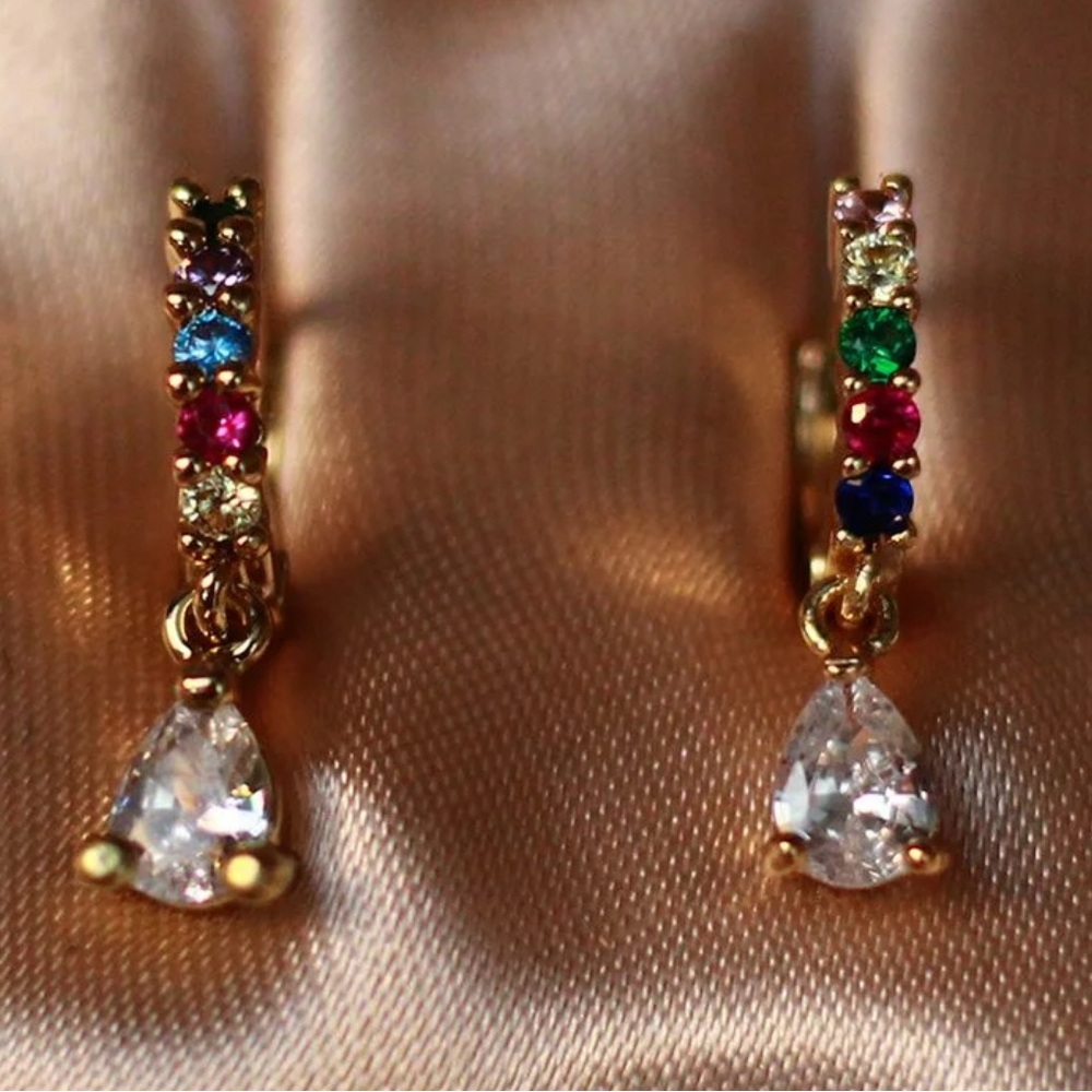 14k Gold Plated Rainbow CZ Gemstone Hoop Earrings. New. - Picture 5 of 8